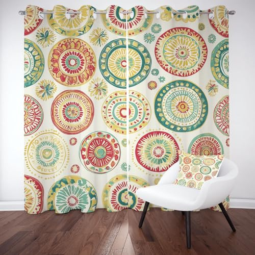 YGcegcia Retro Blumenmuster Vorhang mit Ösen, Ethno Tribal Geometrisch Verdunklungsvorhänge, Abstrakt Floral Blickdicht Gardinen, Thermovorhang 2er Set für Schlafzimmer Wohnzimmer, H160 x B70 cm