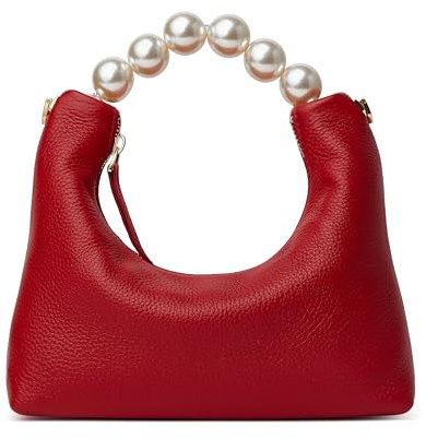 DORIS&JACKY Kleine Clutch mit Tragegriff oben für Damen, Designer-Geldbörse aus Ziegenleder, mit Perlengriff und abnehmbarer Metallkette