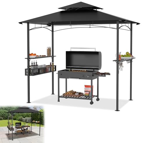 YRHome Gazebo nero per barbecue da 2,4 x 1,5 m, con doppio tetto, 2 ripiani laterali in metallo e ganci, resistente alle intemperie, da giardino, pergolato, barbecue, gazebo per barbecue all'aperto