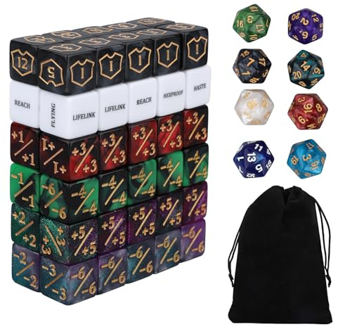 68stk MTG-Würfelzähler-Set, Schlüsselwörter Leben +1/-1 Zähler Commander Buff Tokens mit D6- und D20-Würfeln MTG TCG- und Kartenspiel-Zubehör