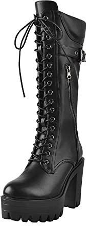Only maker Damen Biker Boots Plateau Stiefel mit Blockabsatz Schnürstiefel