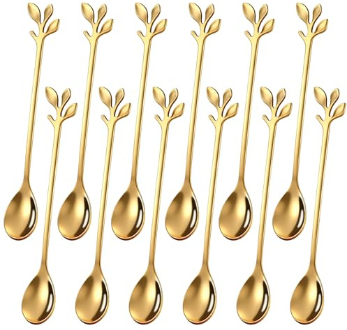 Ateweita Cucharillas Cafe Set, Cucharas de Acero Inoxidable, Coffee Spoons, con elegante diseño de hojas, cuchara moka, perfecta para demitasse y pequeñas porciones (Dorado, 16cm*12)