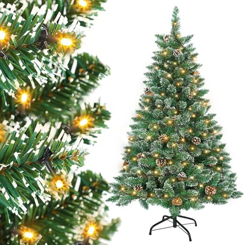 Eldzenith Weihnachtsbaum 120 cm, Tannenbaum Künstlich Schnee mit Beleuchtung, Metallständer, PVC Christbaum, Schwer Entflammbar, Christmas Tree für Zuhause, Büro, Geschäfte und Hotels, Feiertage