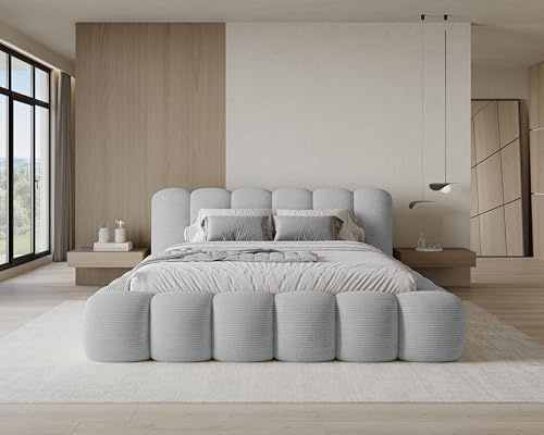 Chilly. Möbel Design Bett Stone - Polsterbett 140x200 mit Bettkasten, Lattenrost und Kopfteil - Eleganter Poso Cord-Stoffbezug Grau