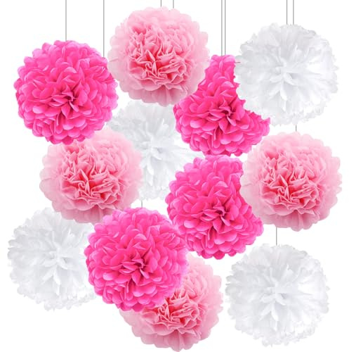 12 Stück Seidenpapier Pompons Rosa Pink, Hängende Papier Pompon Papierblumenkugeln Papier Pom Poms Weiß Blumen Ball Dekorpapier für Geburtstag Hochzeit Babyparty Gartenparty Deko