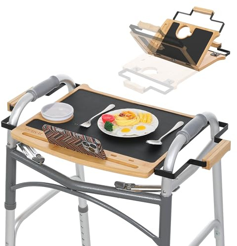 Walker Tray Table with Non-Slip Mat, Foldable Tray for Walkers for Seniors, Food Tray with Cup Holder, Bamboo Mobility Table Fits Most Standard Folding Walkers