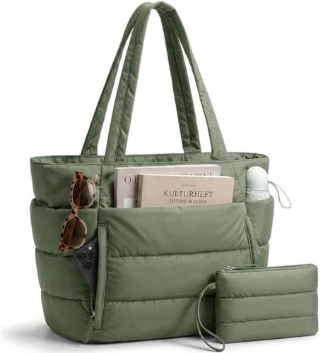 WENXIN Damen Shopper Tasche Leicht Handtasche, 20L Große Gesteppte Puffer Tote Bag mit Vielen Fächern & Reißverschluss, 15,6 Zoll Laptopfach Arbeitstasche Schultasche für Büro Uni Reisen (Grün)