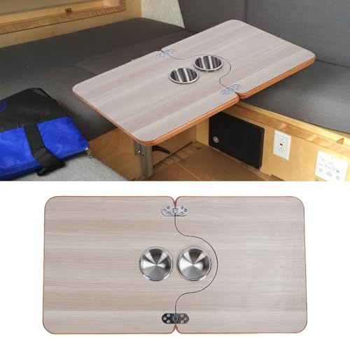 Naroote Klappbare Wohnmobil-Tischplatte – 29,53 X 15,35 Zoll Massivholz-Tischplatte mit 2 Edelstahl-Getränkehaltern; Beschichtet, Verschleißfest und Stilvoll – Ideal für Anhänger