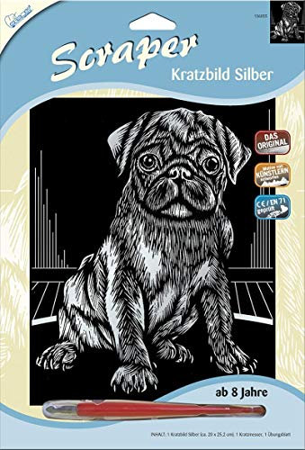 MAMMUT 136055 - Kratzbild, Motiv Mops (Hund), silber, glänzend, Komplettset mit Kratzmesser und Übungsblatt, Scraper, Scratch, Kritzel, Kratzset für Kinder ab 8 Jahre