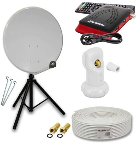 PremiumX Camping Satelliten-Komplettanlage 60cm Antenne Hellgrau SAT Single LNB Dreibein-Stativ TV Kabel Sat-Receiver HDMI-Kabel
