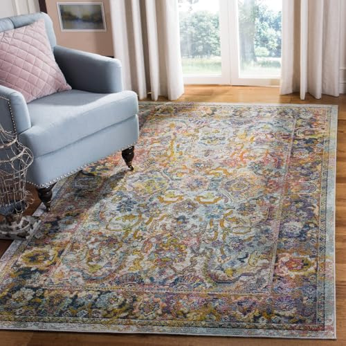 SAFAVIEH Boho Teppich für Wohnzimmer, Esszimmer, Schlafzimmer - Crystal Collection, Kurzer Flor, Hellblau und Orange, 201 X 279 cm
