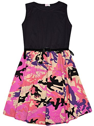 A2Z 4 Kids Girls Skater Dress Floral Belted Summer Party Dance - Skater Dress Camo Panel Baby Pink 7-8