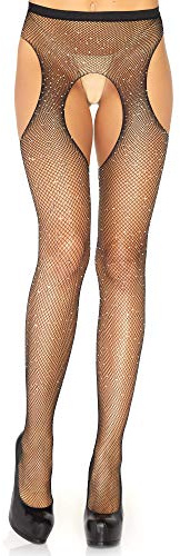 Leg Avenue Crystalized Suspender Hose +, Black, 1X-2X