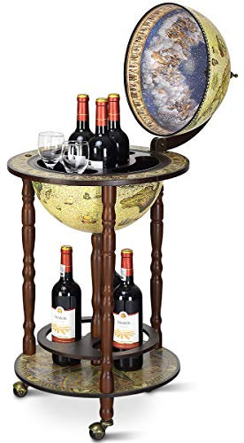 COSTWAY 330MM/360MM/400MM Globe Shaped Drink Cabinet, Wine Beverage Storage Trolley with Bottom Shelf and Wheels, Retro Wooden Mini Bar Bottle Stand (Cream, 330MM Globe)