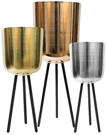 MAISONICA Contemporary Set of 3 Brushed Copper, Gold & Silver Metal Planters Plant Pots