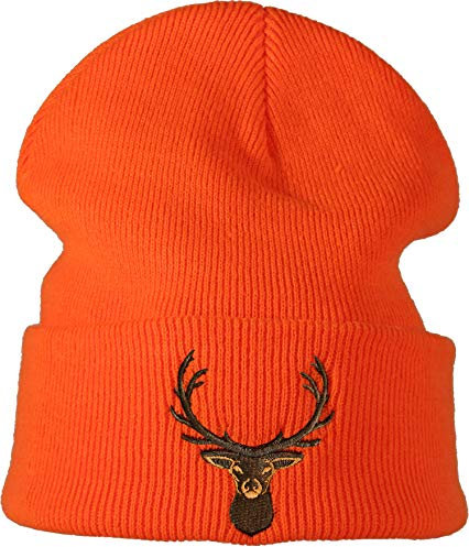 Baddery: Jäger Mütze - Hirsch - Jagd Geschenke für Männer & Frauen - Outdoor Strickmütze - Jagdbekleidung Herren (One Size - Signal Orange)
