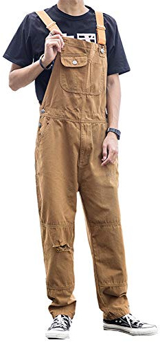 Caige Moda Uomo Jeans Strappati Retro Slim Denim Salopette,Marrone,L