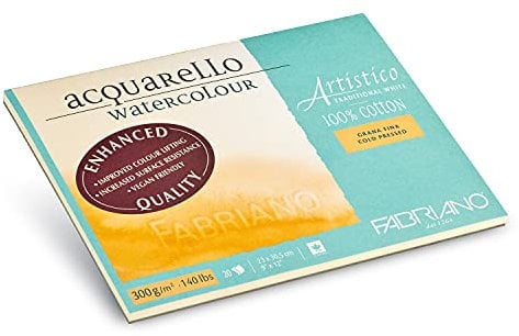 Honsell Fabriano Artistico Acquarello Watercolour, naturweiß, Feinkorn cold pressed, 23 x 30,5 cm, 20 Blatt 300 g/m², hochwertiger Künstler-Aquarellkarton, Block 4-seitig geleimt, vegan