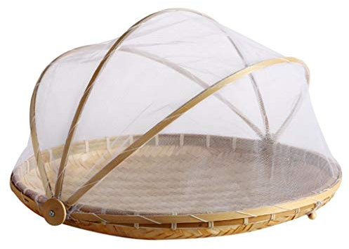 Panier à fruits et légumes fait à la main en bambou tressé avec filet anti-insectes, panier rond en osier résistant à la poussière pour pique-nique, nourriture, pain