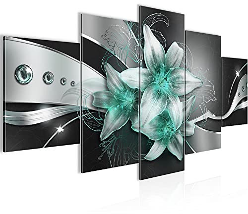 Runa Art - Tableau Lys De Fleurs 200 x 100 cm 5 parties XXL Decoration Murale Dessin Turquoise noire 039651b