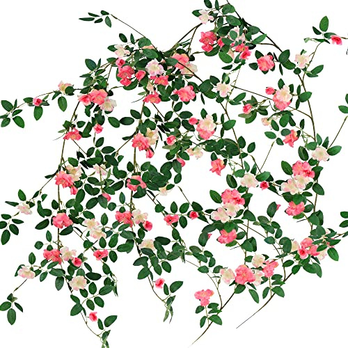 FiveSeasonStuff Bendable Posh Pink Flower Garlands, Artificial Silk Wild Roses Vine Leaves Hanging Flowers for Wall Decoration Basket Trellis Wedding Home 2 Pack 3.6 metres