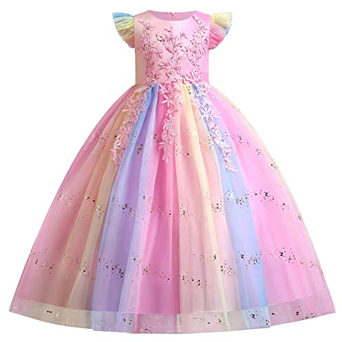 Filles brodées princesse Pageant robes de bal manches volantes Sequin robe de soirée de mariage demoiselle d'honneur fleur fille soirée formelle Tulle robes d'arc Arc-en-ciel rose 7-8 Ans