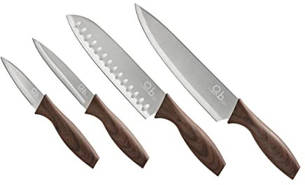 MOPITA SMART LIVING DORA di Q.b. by Set 4 Coltelli Cucina, Set 4 Pezzi, Lama in Acciaio Inossidabile e Manico Soft Touch Effetto Legno Ergonomico, Da 8,75 cm A 20 cm