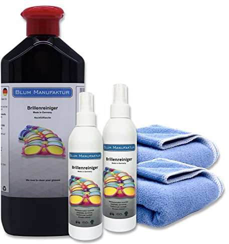 Blum Manufaktur 2 nettoyants pour lunettes de 30 ml + recharge de nettoyant pour lunettes de 500 ml + 2 chiffons en microfibre 30 x 30 cm