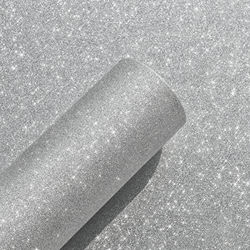 Yullpaper Glitzer Tapete Silbergrau Dekofolie Möbelfolie Selbstklebend Wand Tapeten Wohnzimmer Schlafzimmer Mädchen Glitzer Klebefolie Möbel Selbstklebende Folie für Frisiertisch Schrank 40cm X 300cm