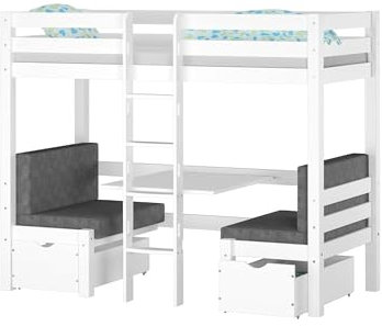 Erst-Holz Weißes Hochbett mit Sitzbank und Tisch, Kinderetagenbett 90x200cm wählbares Zubehör V-60.22W-09, Ausstattung:mit Rollrost und Polster