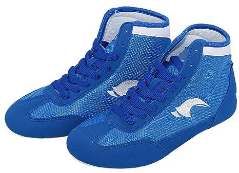 UnoSheng Scarpe da boxe per bambini, scarpe da boxe High Top Training Wrestling, stivali lunghi, scarpe da boxe, allenamento da competizione, scarpe sportive per ragazzi, Blu, 34 EU