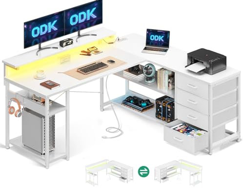 ODK Schreibtisch mit Schubladen, Reversible Eckschreibtisch mit 2 Steckdosen und 2 USB Ladeanschluss, Bürotisch L Form mit LED für Home Office 135×110cm (Alles Weiß)
