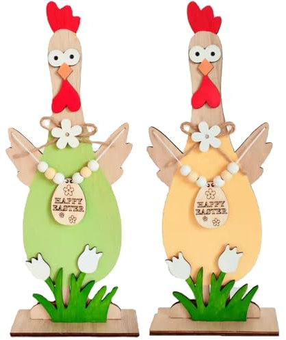 YIEUR 2 Stück Ostern Hahn Holz Figuren groß Aufsteller Osterhahn Deko, 29.5cm Osterdeko Hahn Osterhahn Holz zum Hinstellen für Draußen Tischdeko Garten Deko (Hahn)