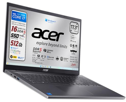 Acer Notebook Aspire, Display 17.3 FullHD IPS, Intel Core i7-13620H, DDR5 | 10Core, 16GB DDR5, Thunderbolt 40Gb/s, SSD 512GB, Wi-Fi6, Win 11, Ready to Use, include alimentatore e libre office