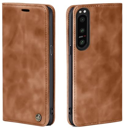 LBH Handyhülle für Sony Xperia 5 IV in Hellbraun mit Karten- und Geldfach Smartphone Hülle mit Standfunktion Flip Case Schutzhülle Magnetverschluss Vintage