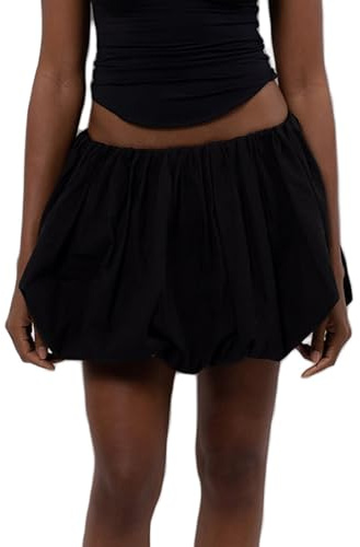 Qianderer Women Y2K Bubble Skirt High Waist Ruffle Hem Flared Mini Skirts Puffy A Line Pleated Mini Short Skirt Streetwear (Ba Black, XL)