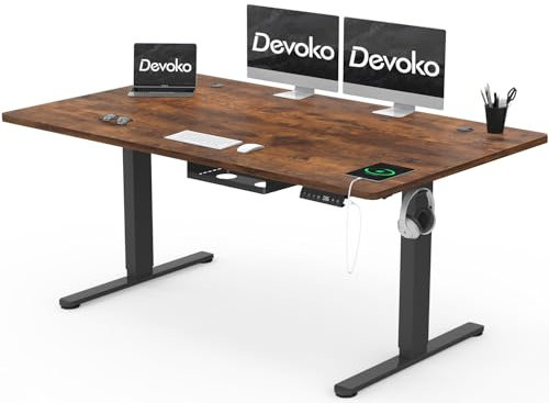 Devoko Höhenverstellbarer Schreibtisch 160x80cm mit Typ-C Ladeanschluss, Schreibtisch Höhenverstellbar Elektrisch, Mobiler Elektrisch Computertisch mit Kabel Management Tray, Vintage-Braun