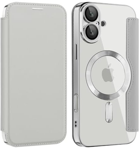 Unichthy Flip Case for iPhone 16 Plus Clear Cover Support MagSafe |RFID Blocking| Wallet Purse Shockproof Leather Stand Cover Individual Protection for Each Lens Phone Skin for iPhone 16 Plus Grey