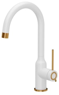 QUADRON Küchenarmatur INGRID Q LINE SteelQ, Mischbatterie 360°, Armatur Küche Edelstahl, QFix-Funktion, Farbe: Weiß, Höhe: 34 cm, Wasserhahn für Küche, Kopfteil: Keramik, Kupfer-PVD-Finish