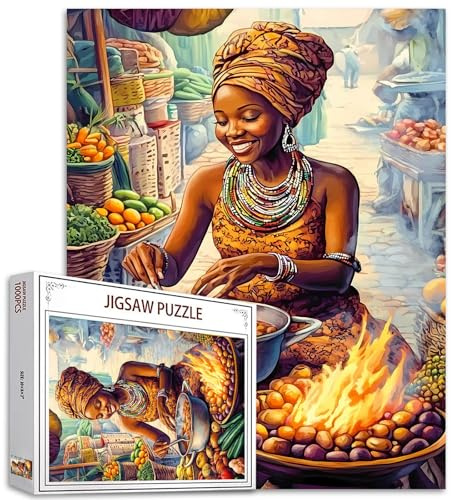 Native Africa America 1000 Piece Jigsaw Puzzles for Adult Afro-America Woman Painting Jigsaw Puzzle Black Girl Cooking 1000 Pieces Puzzles Game Vegetable Art Room Decor DIY Craft Puzzle Art(Colorful)