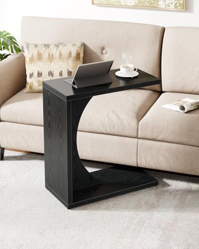 Tribesigns C-förmiger Beistelltisch für Couch, Sofatisch, C-förmiger Tisch für kleine Räume, Wohnzimmer, Schlafzimmer (1, Rustikales Braun) (Schwarz)