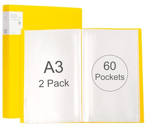 Srvnpioy 2 Pièces Porte-Vues A3 60 Pochettes 120 vues, Livre D'affichage A3, Présentation Affichage du Livre A3 Protège-Documents, en Polypropylène,Jaune