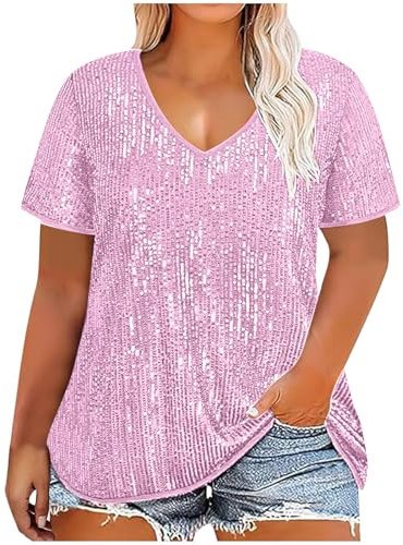 Haut à paillettes pour femme - Grande taille - Manches courtes - Col en V - T-shirt ample à paillettes scintillantes - Pour concert et fête disco, 1 - Rose, 42