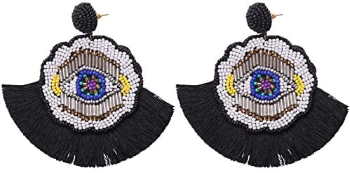 LOLPALONE Bohemian Dangle Earrings Beaded - Colorful Handmade Eye Oversized Drop Earrings with Boho Statement Fan Tassel for Women Black