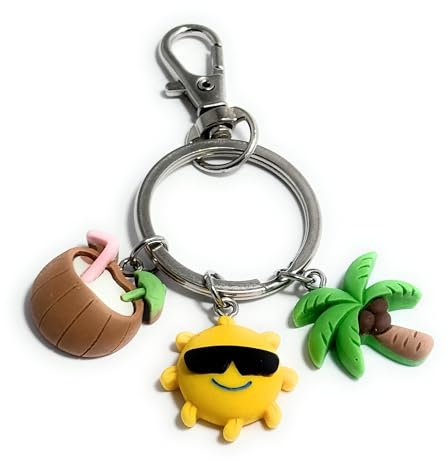 FizzyButton Gifts Summer Holiday Theme Keyring Key Ring with Sun, Palm Tree and Coconut Shell Cocktail Charms with Lobster Clasp