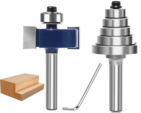 SICWOOD Rabbeting Router Bit Set 1/4 Inch Shank, 1/2 Cutting Height, Rabbet Router Bit with 5 Interchangeable Bearings, for Adjustable Multi Depths Cutter 3/8, 5/16, 1/4 , 3/16, 1/16