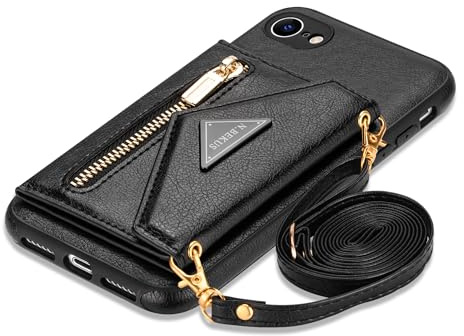 GUVAGI für iPhone 16e Hülle mit Band Handyhülle Handykette,Flip 4-Kartenfach Case Leder Klapphülle Reißverschluss Handytasche Mädchen Cover mit Abnehmbar Kette Schnur Tasche Hinten Umhängen (Schwarz)