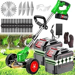 Byerba Strimmer Cordless ，Cordless Strimmer with 4 Types Blades，2 Pieces 21V 4000Ah Lithium Battery Strimmer，Adjustable Retractable Electric Strimmer，Grass Trimmer for Yard, Garden, Sidewalk Edges