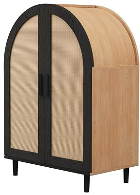 HAINEW Sideboard Schuhschrank mit 2 Rattan Gewölbte Türen und Verstellbare Einlegeböden, Küchenschrank Aufbewahrungsschrank für Schlafzimmer, Wohnzimmer, Flur, 70×40×100cm, Schwarz+Holzfarbe