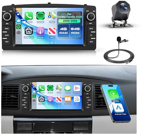 Rimoody 4G+64G Android Radio Coche para Toyota Corolla E120 2000-2006 7'' Pantalla Corolla con Carplay Android Auto Inalámbrico Navegación GPS Mirror Link Bluetooth WiFi/FM/RDS/EQ/SWC Cámara Trasera